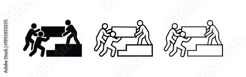 Teamwork and Progress Icon Set: People Lifting Object Up Stairs