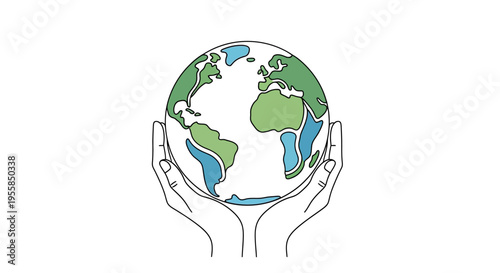 Illustration of hands cradling a globe on a white background, symbolizing sustainable development and global community support for Protect the Earth on Happy Earth Day, promoting