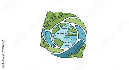 Illustration of a stylized Earth surrounded by swirling green and blue leaves on a white background, symbolizing sustainable development and environmental protection for a global community.