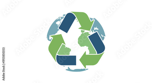 Illustration of a recycling symbol around the Earth, promoting sustainable development and environmental protection for a global community on a white background.