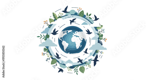Illustration of a stylized globe surrounded by leaves, birds, and ribbons on a white background, symbolizing Happy Earth Day and sustainable development with a natural and global community
