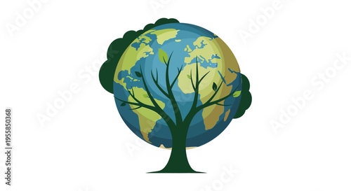 Illustration of a tree with the Earth as its globe-shaped foliage, symbolizing sustainable development and environmental protection on a white background, representing a global community