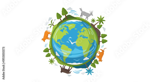 Illustration of a globe surrounded by animals and leaves on a white background, celebrating Happy Earth Day with a natural and sustainable design.