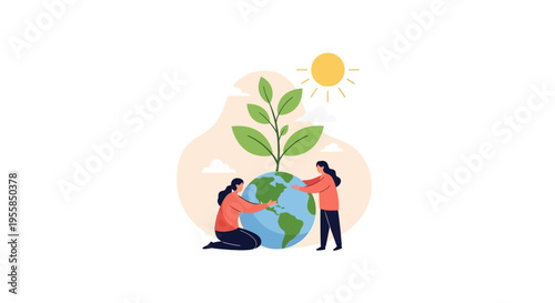 Illustration of people celebrating Happy Earth Day with a green plant growing out of the Earth, symbolizing sustainable development and global community in a natural environment.