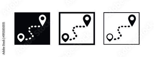 Navigation route with map pins icon set