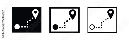 Journey route from start point to destination pin icon set