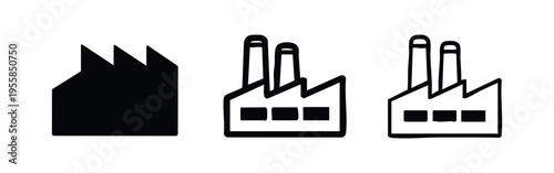 Factory Building Icon Set with Sawtooth Roof in Solid, Filled Outline, and Hand-Drawn Outline Styles