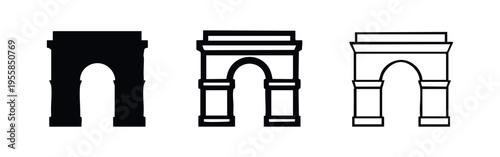Classic Triumphal Arch Icons. Historic Landmark Vector Symbols in Solid, Bold, and Thin Outline Styles.