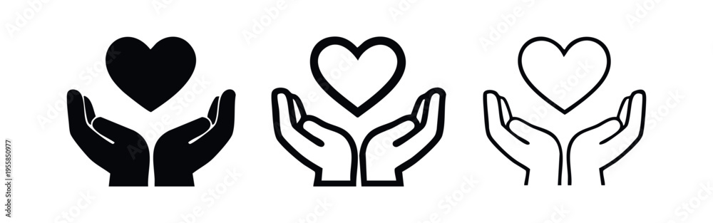 Fototapeta premium Hands Holding Heart Icon Set. Symbols of charity, care, and support in solid and outline variations.