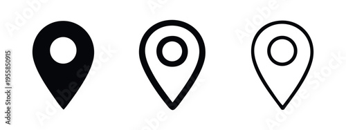 Classic Map Pin Icon Set. GPS location marker symbols with inner circle in solid and outline styles for navigation apps.