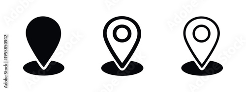 Map Location Pin with Base Icon Set. GPS markers indicating position on ground in solid and outline styles.