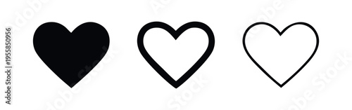 Heart Love Icon Set. Valentine's Day and romance symbols in solid, thick outline, and thin outline styles.