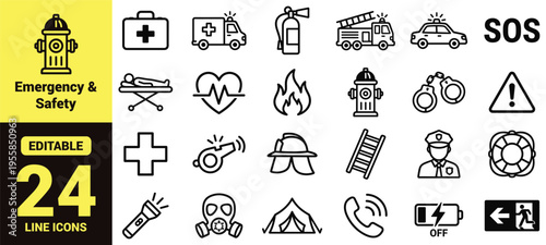 Emergency and safety icon set featuring medical aid, fire protection, law enforcement, rescue tools, warning signs, communication, and survival concepts in modern line‑art vector for security design