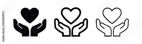 Hands Holding Heart Icon Set. Symbols of charity, care, and support in solid and outline variations.