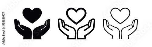 Hands Holding Heart Icon Set. Symbols of charity, care, and support in solid and outline variations.