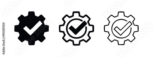 Settings and success icon set with gear and checkmark, sketchy style