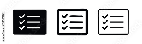 Square checklist icon set. To do list, task management, project completion, survey concept symbol. Document with checkmarks.
