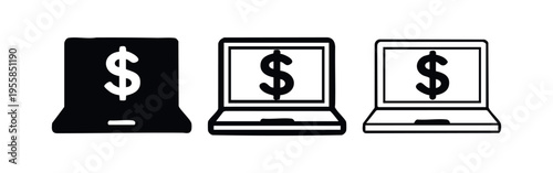 Online business laptop icon set with dollar sign, symbolizing e-commerce, banking, and digital financial transactions