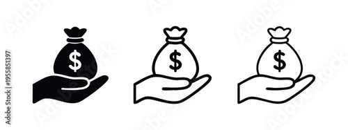 Hand holding a money bag with dollar sign icon set, financial success and wealth symbol