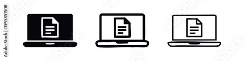 Laptop with document file icon set. Digital data, report, and online information symbol.