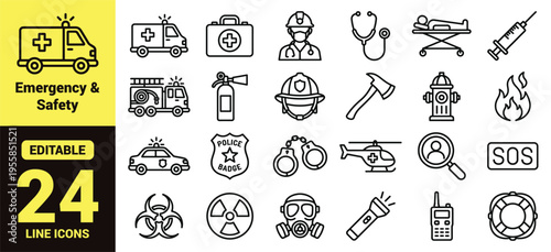 Emergency and safety icon set featuring medical aid, fire protection, law enforcement, rescue tools, hazardous materials, communication, and survival concepts in modern line‑art for security design