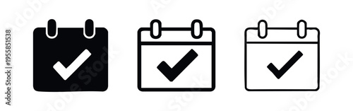 Calendar with checkmark icon set. Event confirmed or task completed, with solid, outlined, and thin-outlined versions.