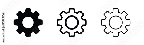 Gear icon set. Settings, engineering, or mechanism symbol collection, in solid, outlined, and thin-outlined styles.