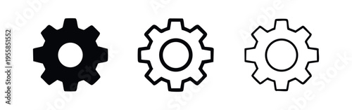 Gear icon set. Settings, engineering, or mechanism symbol collection, in solid, outlined, and thin-outlined styles.