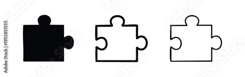 Puzzle piece icon set. Solution, problem solving, or connection concept, in solid, outlined, and thin-outlined styles.