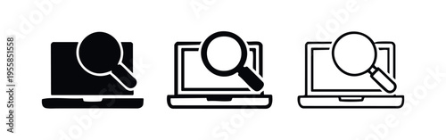 Laptop with magnifying glass icon set. Online search and research concept, in solid, outlined, and thin-outlined styles.