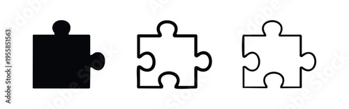Puzzle piece icon set. Solution, problem solving, or connection concept, in solid, outlined, and thin-outlined styles.