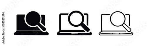 Laptop with magnifying glass icon set. Online search and research concept, in solid, outlined, and thin-outlined styles.