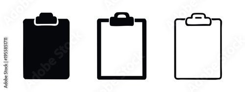 Clipboard icon set. Document, notes, or task holder in glyph and line styles.