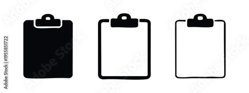 Clipboard icon set. Document, notes, or task holder in glyph and line styles.