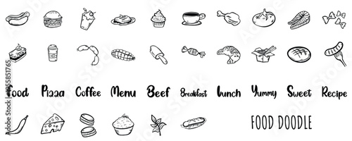 Hand drawn food doodle vector set. Black and white line art illustration of fast food, bakery, meals, drinks, desserts, and menu lettering.