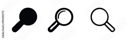 Three different style magnifying glass icons set. Search, zoom, and research symbol in solid, thick outline, and thin outline styles.