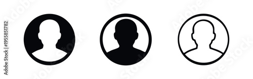 Three user profile or avatar icons set. Account, person, and login symbol in solid, outlined, and silhouette styles.