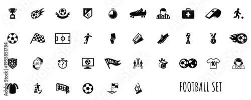 Hand drawn football and soccer icon vector set. Black and white doodle illustration of sports elements, ball, trophy, referee, jersey, and goal.