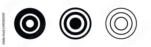 Three bullseye target icons set. Goal, aim, and accuracy symbol in solid, outlined, and concentric circle styles.