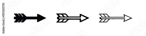 Three archer's arrow icons pointing right. Direction, navigation, and forward symbol in solid, thick outline, and thin outline styles.