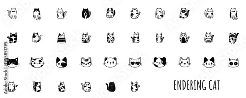 Hand drawn endearing cat doodle vector set. Black and white line art illustration of cute kittens, pet faces, and funny felines for animal design elements.