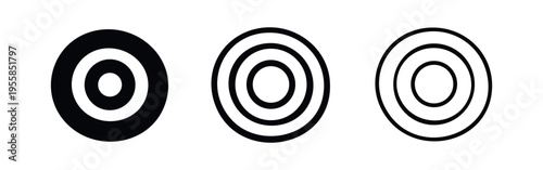 Three bullseye target icons set. Goal, aim, and accuracy symbol in solid, outlined, and concentric circle styles.