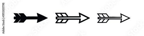 Three archer's arrow icons pointing right. Direction, navigation, and forward symbol in solid, thick outline, and thin outline styles.