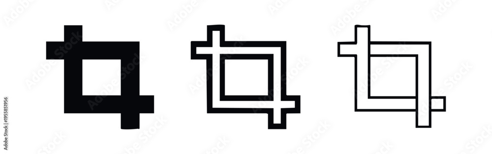 Fototapeta premium Crop tool icon set, black and white vector illustration for image editing, photo applications, and graphic design.