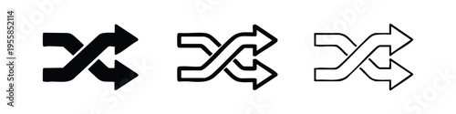 Shuffle or randomize playback icon set with three styles, from filled to outline, for music players and user interfaces.