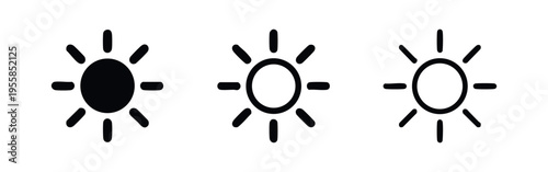 Sun and brightness icon set, featuring three styles from solid to outline, representing light, weather, or display settings.