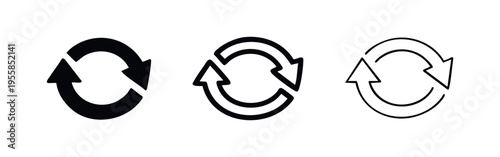 Refresh and reload icon set in three distinct styles, depicting circular arrows for updating or restarting processes.