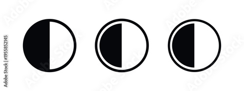 Brightness or contrast adjustment icon set, showing a half-filled circle in three styles for UI controls.