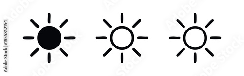 Sun and brightness icon set, featuring three styles from solid to outline, representing light, weather, or display settings.
