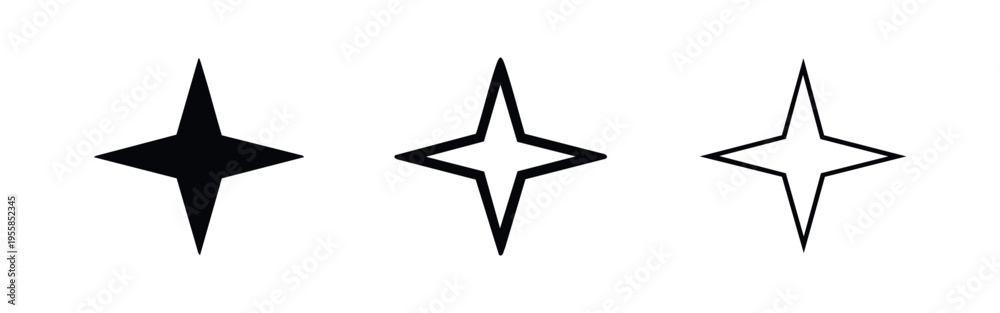 Obraz premium Four Pointed Star Icons. Simple sparkle symbol set, perfect for decorative or rating UI elements.